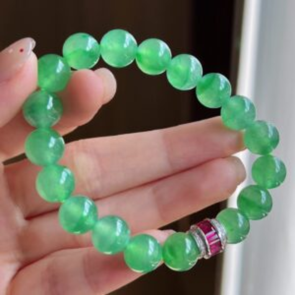 Icy Sweet Green Round Bead Jadeite Bracelet - Image 2
