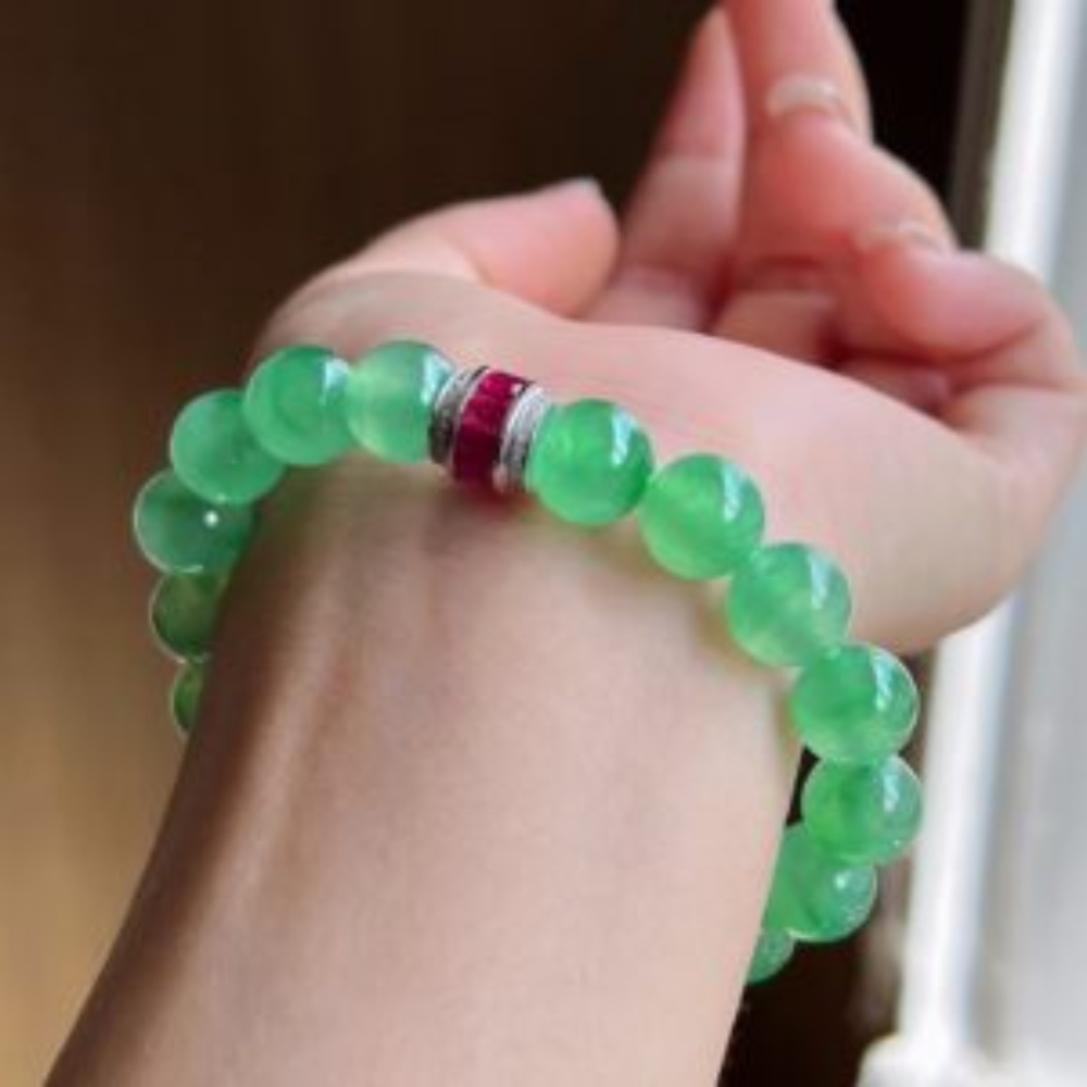 Icy Sweet Green Round Bead Jadeite Bracelet - Image 4