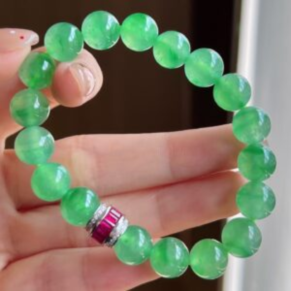 Icy Sweet Green Round Bead Jadeite Bracelet - Image 5