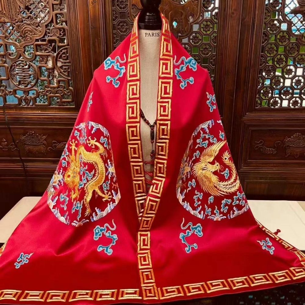 Imperial Dragon & Phoenix Hand-Embroidered Silk Shawl - Image 2