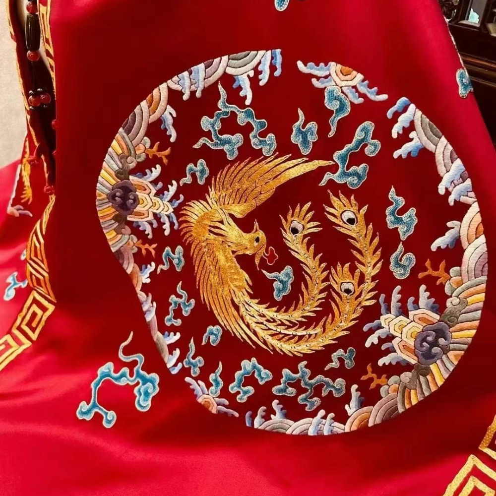 Imperial Dragon & Phoenix Hand-Embroidered Silk Shawl - Image 3