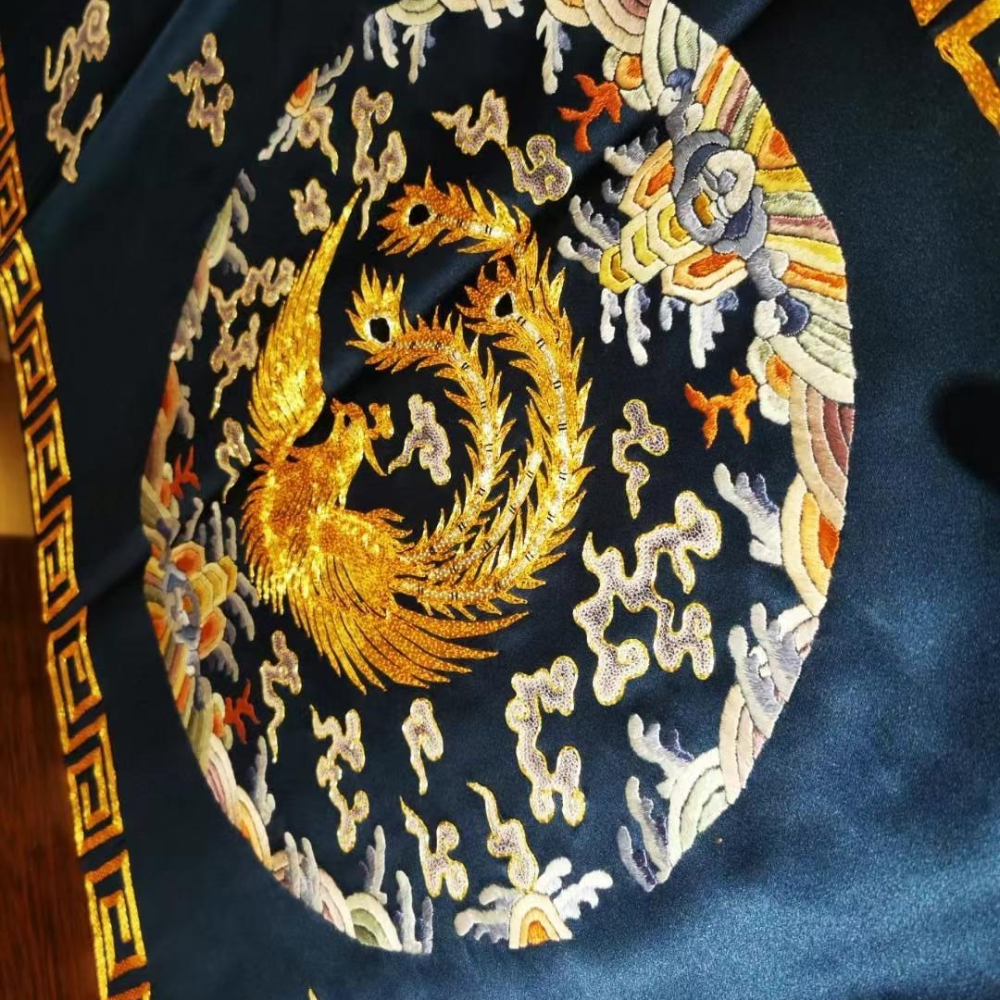 Imperial Dragon & Phoenix Hand-Embroidered Silk Shawl - Image 4