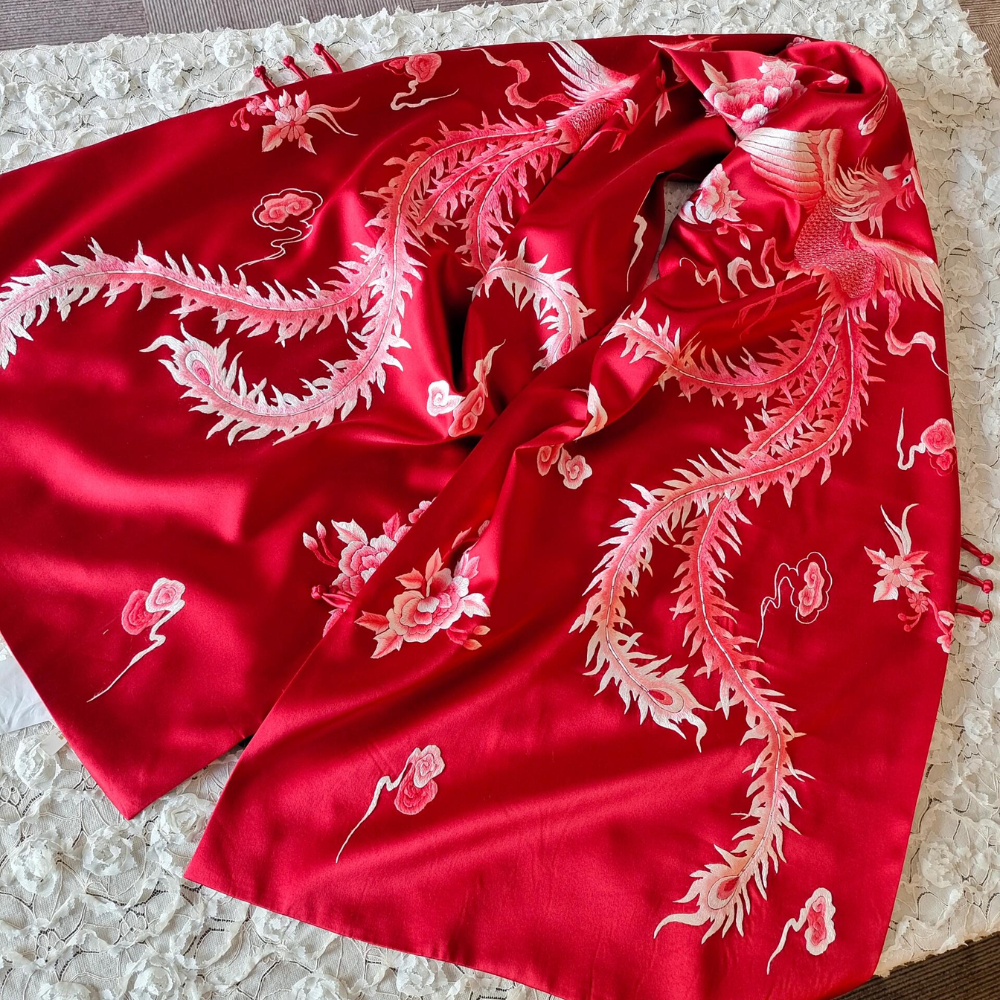 Imperial Dragon & Phoenix Hand-Embroidered Silk Shawl - Image 9