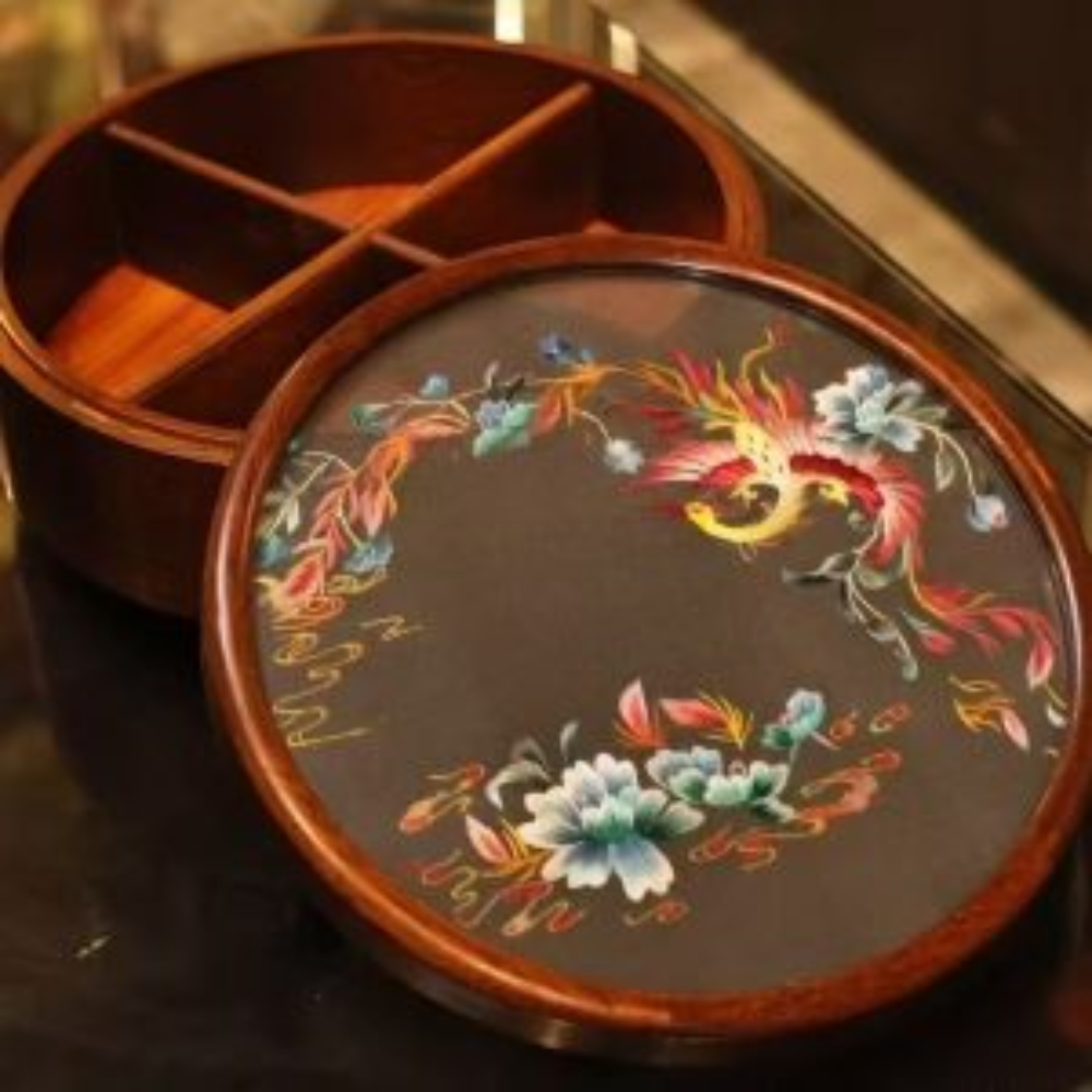 Silk Embroidered Round Huali Wood Box - Image 10