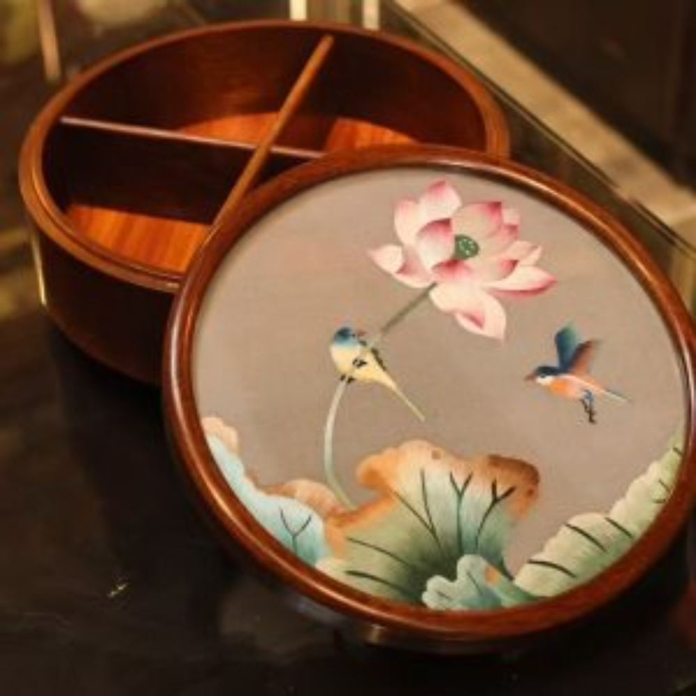 Silk Embroidered Round Huali Wood Box - Image 11