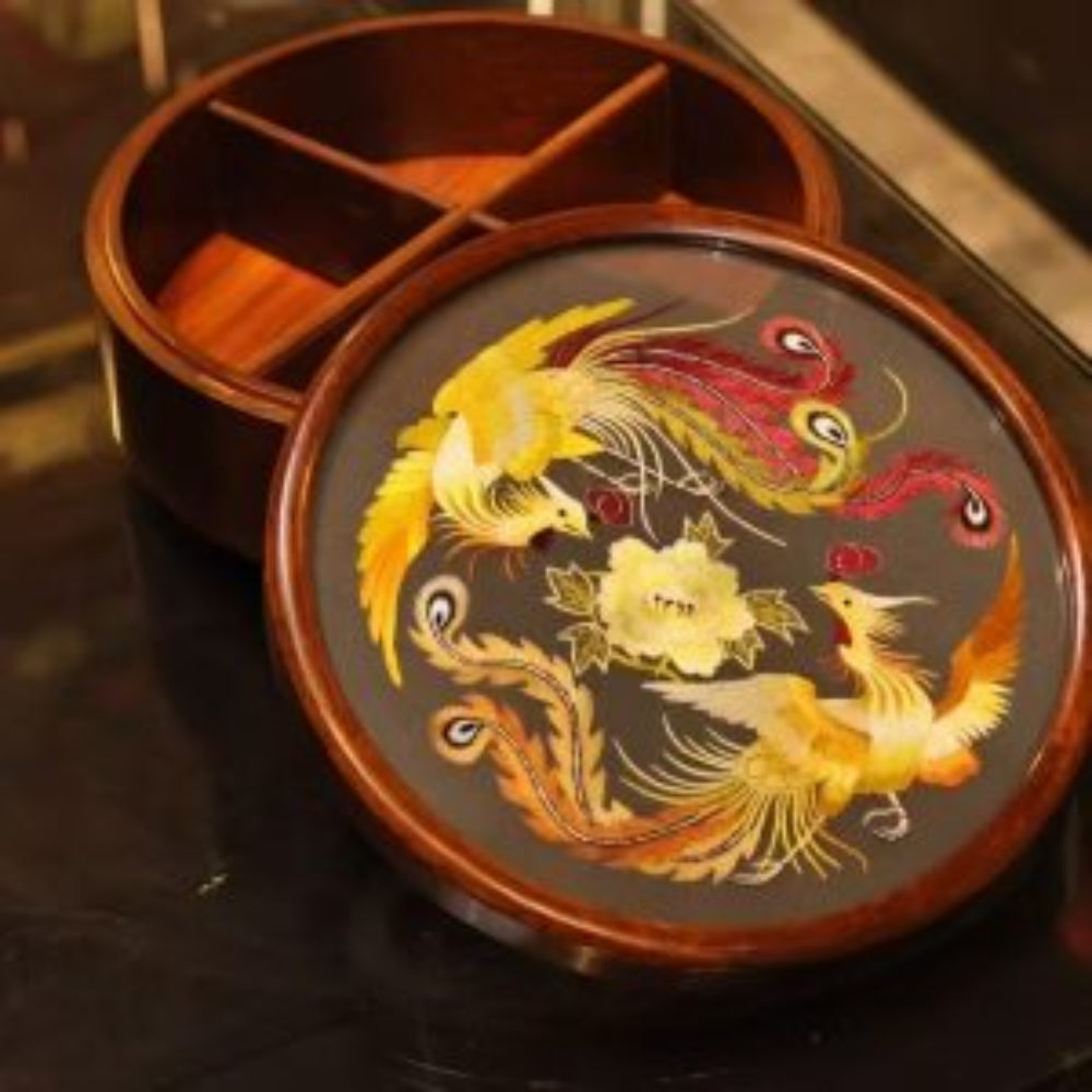 Silk Embroidered Round Huali Wood Box - Image 12