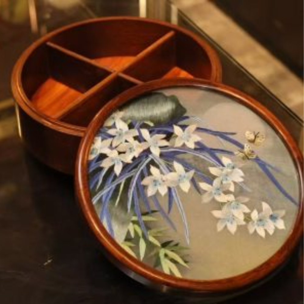 Silk Embroidered Round Huali Wood Box - Image 13