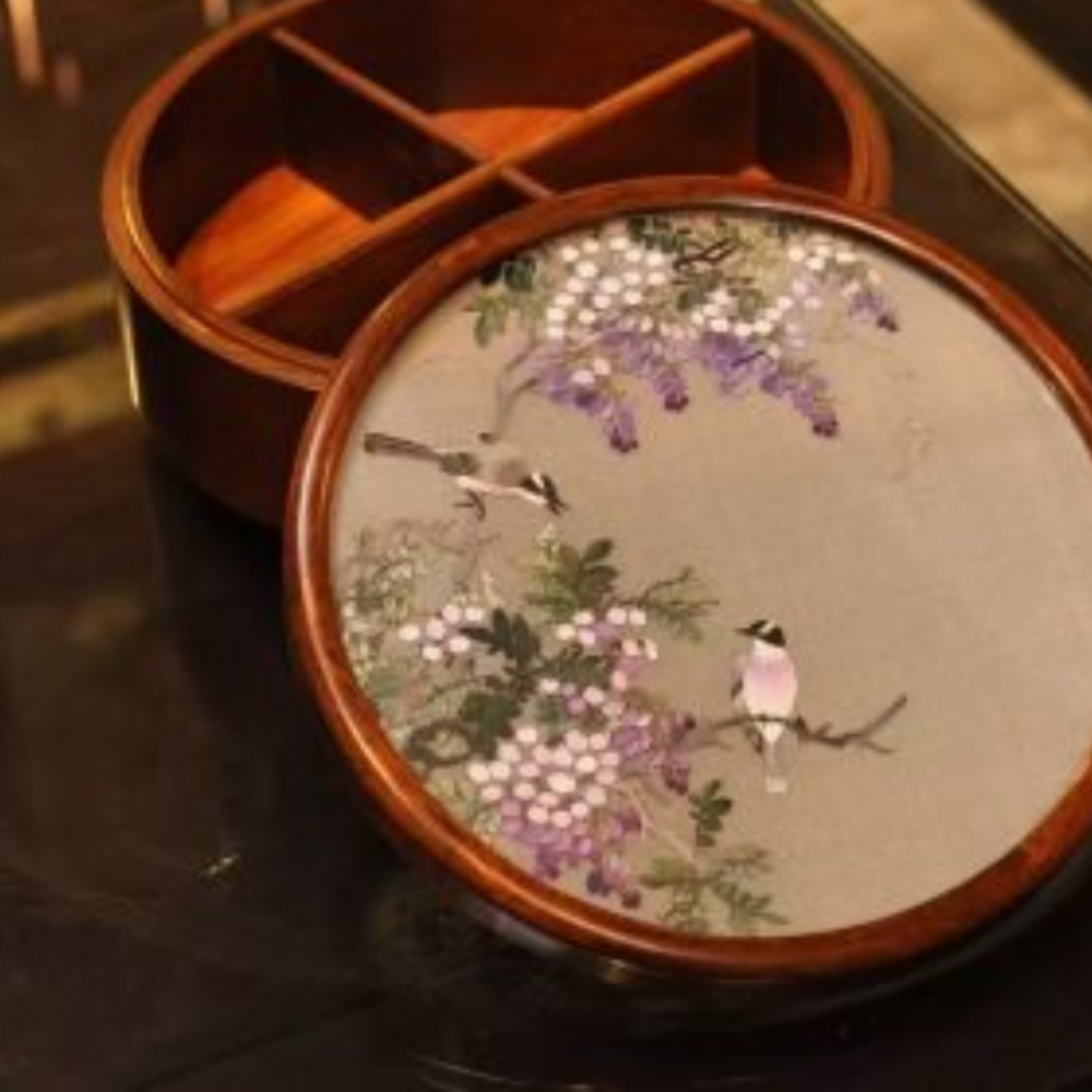 Silk Embroidered Round Huali Wood Box - Image 14