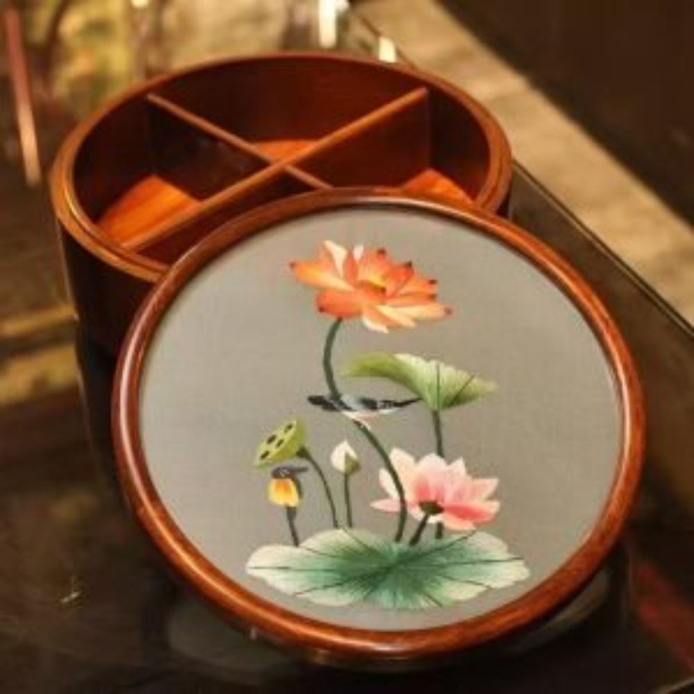 Silk Embroidered Round Huali Wood Box - Image 15