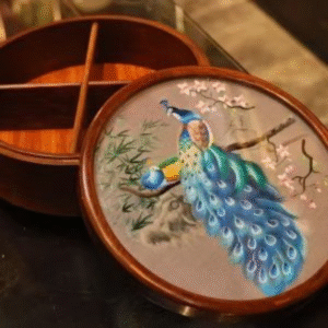 Silk Embroidered Round Huali Wood Box