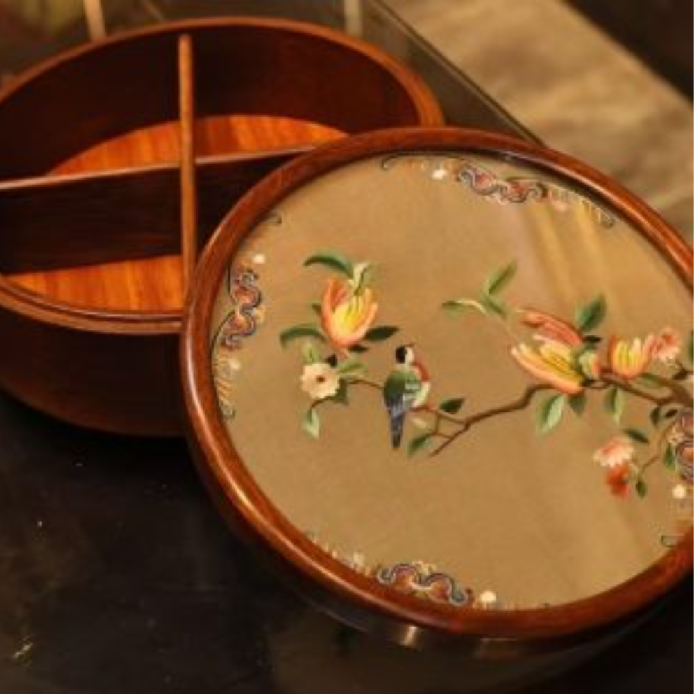 Silk Embroidered Round Huali Wood Box - Image 5