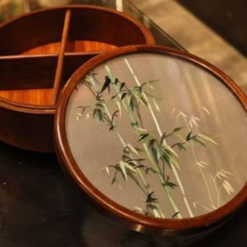 Silk Embroidered Round Huali Wood Box - Image 8
