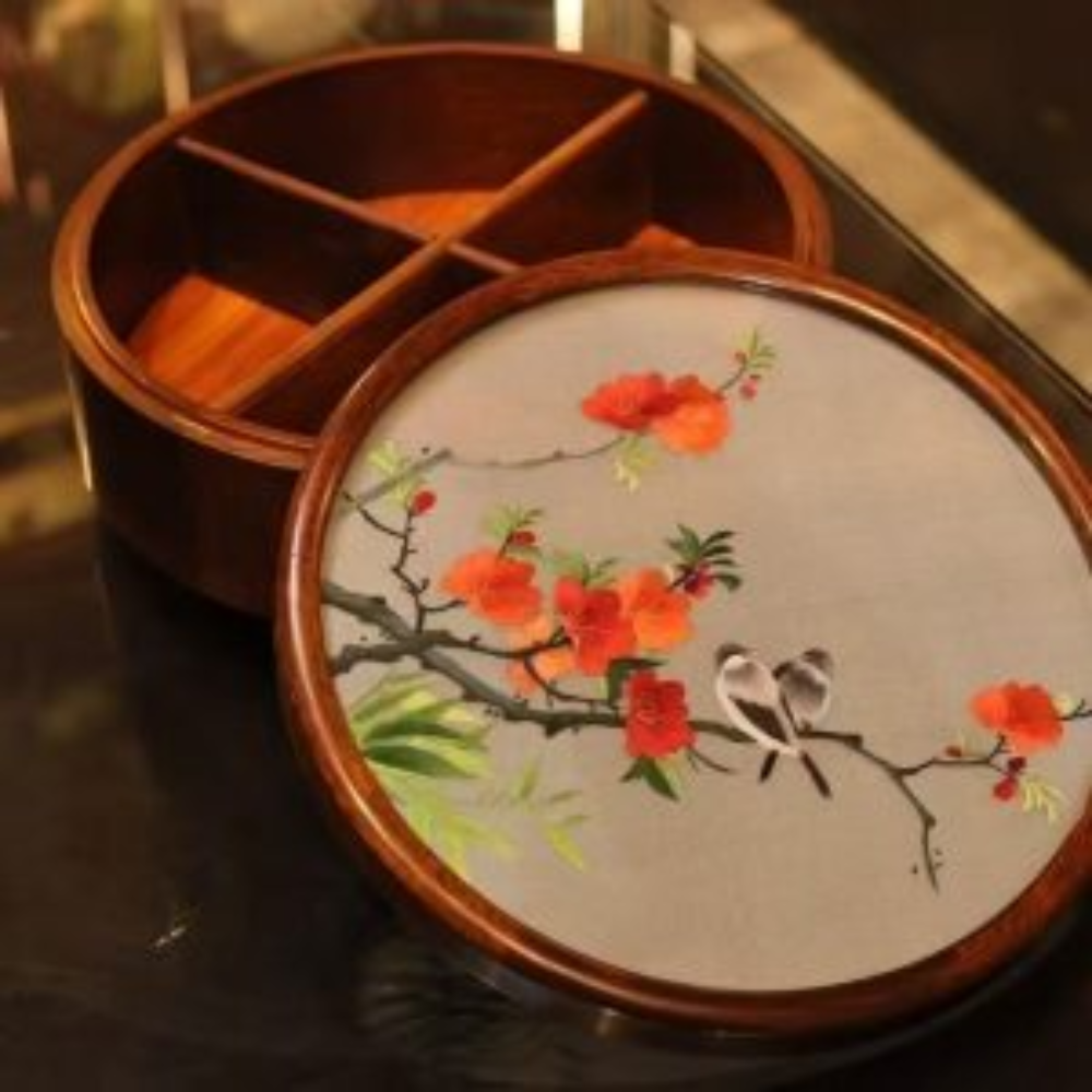 Silk Embroidered Round Huali Wood Box - Image 9